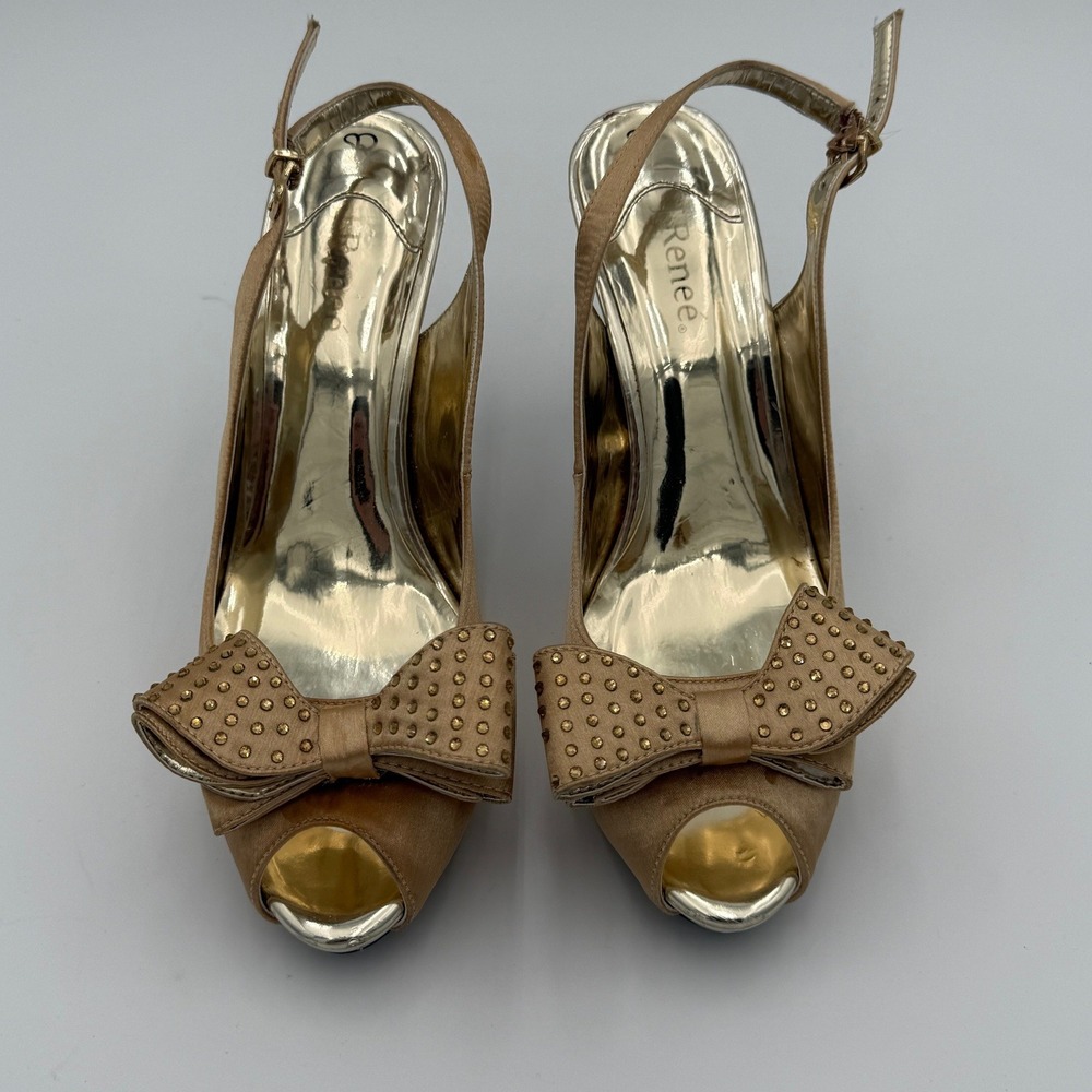 J. Renee Queenie Platinum Gold Satin Studdedβ Bow Peep Toe Slingback Heels 8M